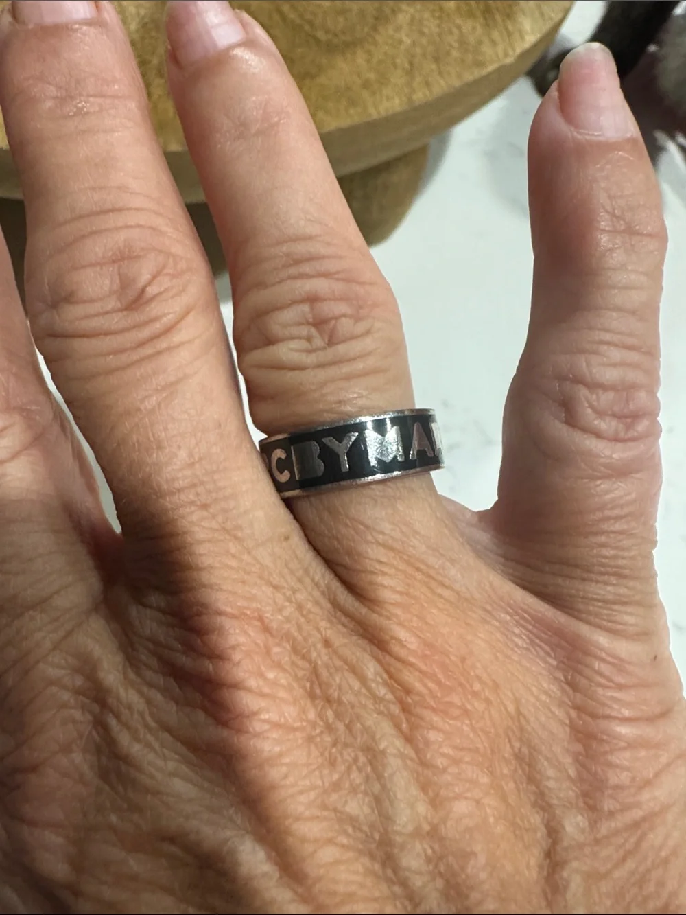 Marc Jacobs Black and Gold-Tone Logo Band Ring